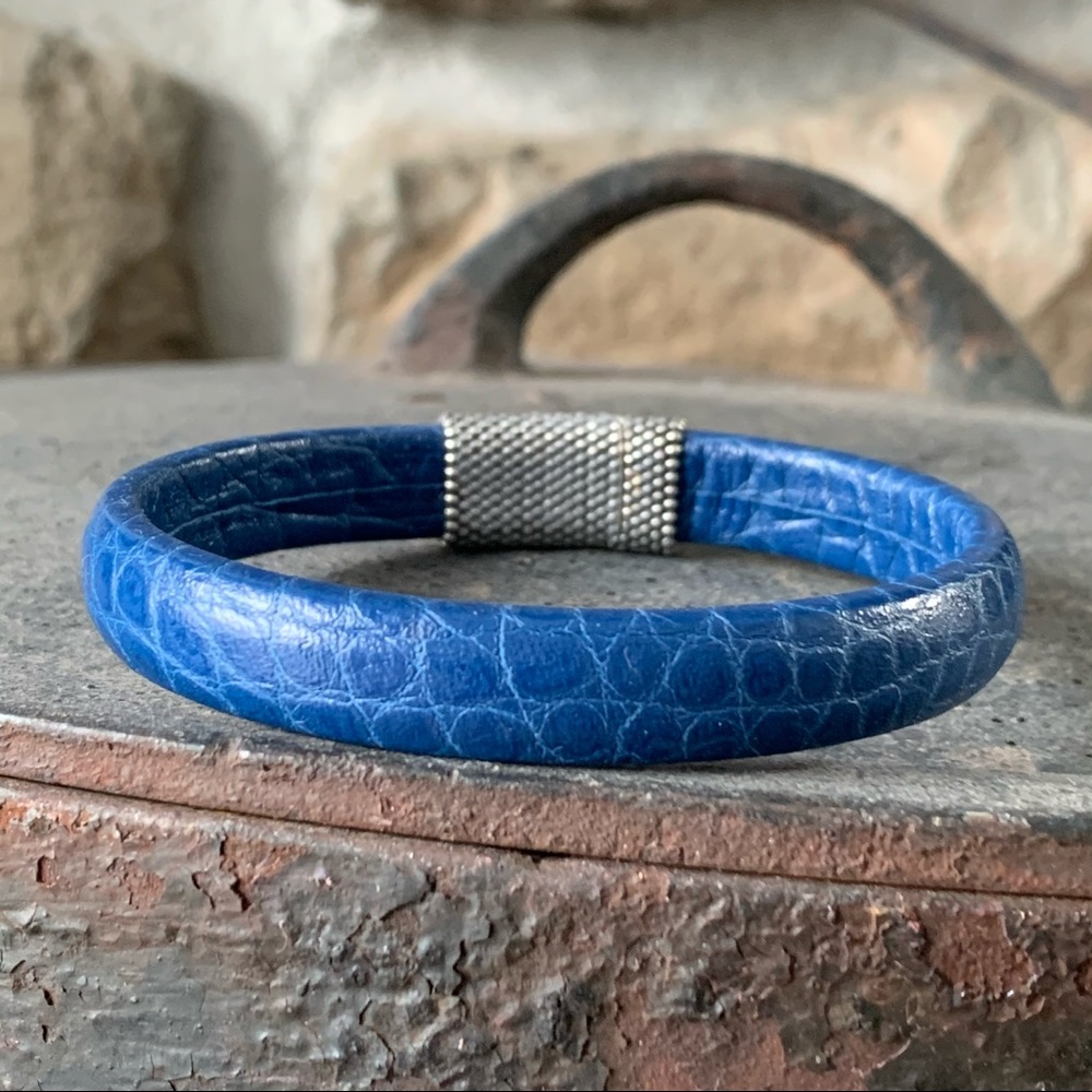 Cobalt Blue Leather Bracelet with Magnetic Clasp